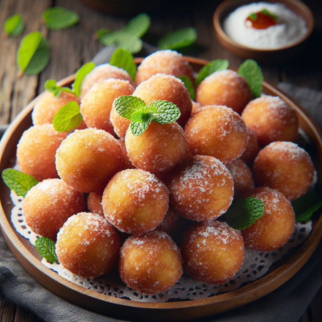Golden fried taro balls piled in a basket with fresh herbs