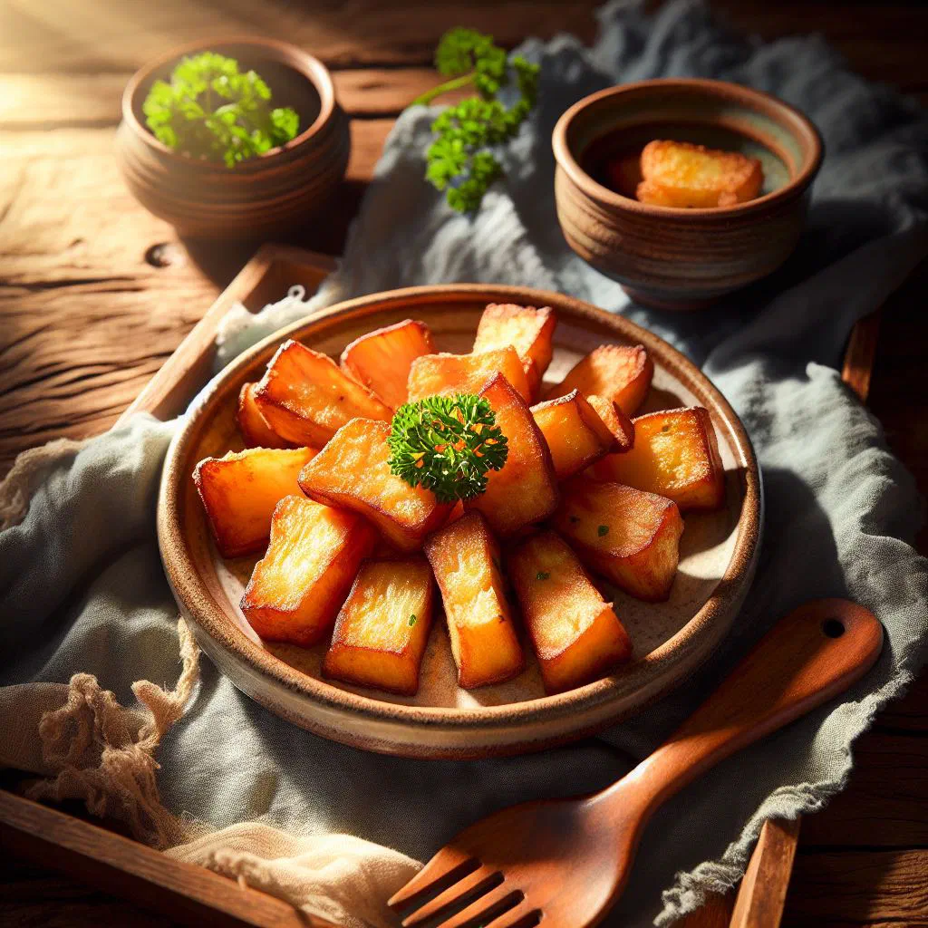 Golden fried taro slices piled on a plate with a dipping sauce