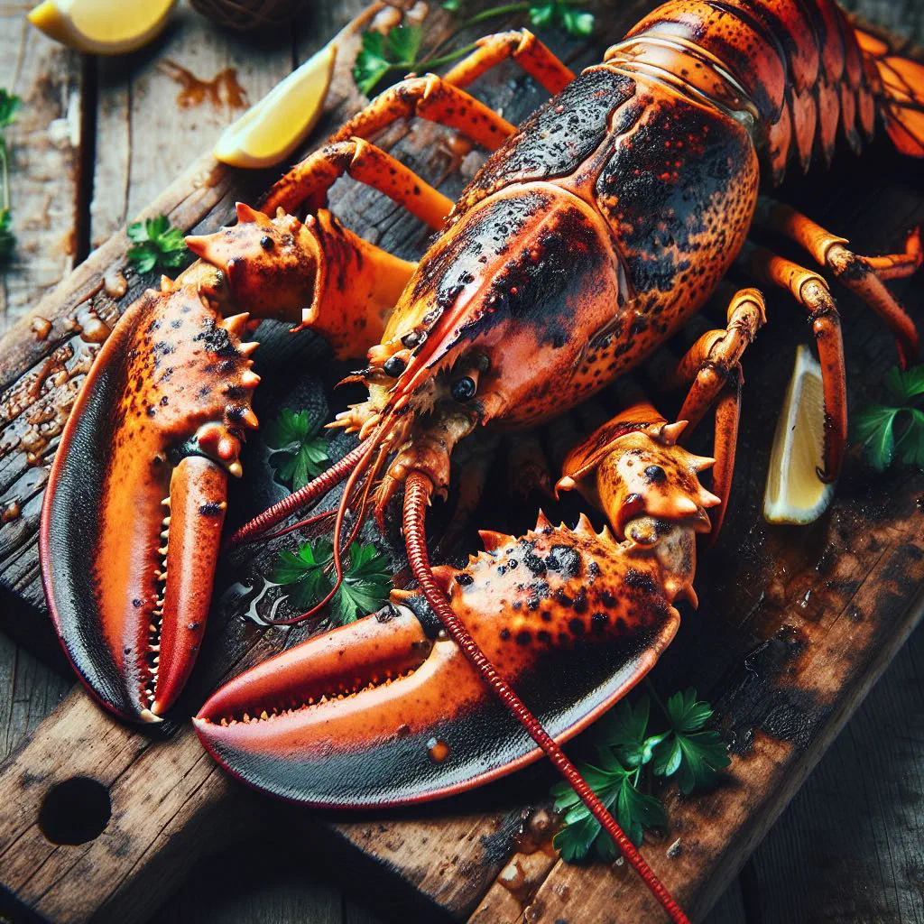Halved grilled lobster with garlic butter, lemon wedges and fresh herbs