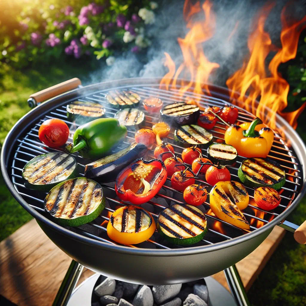 Colourful grilled vegetables with char marks on a platter