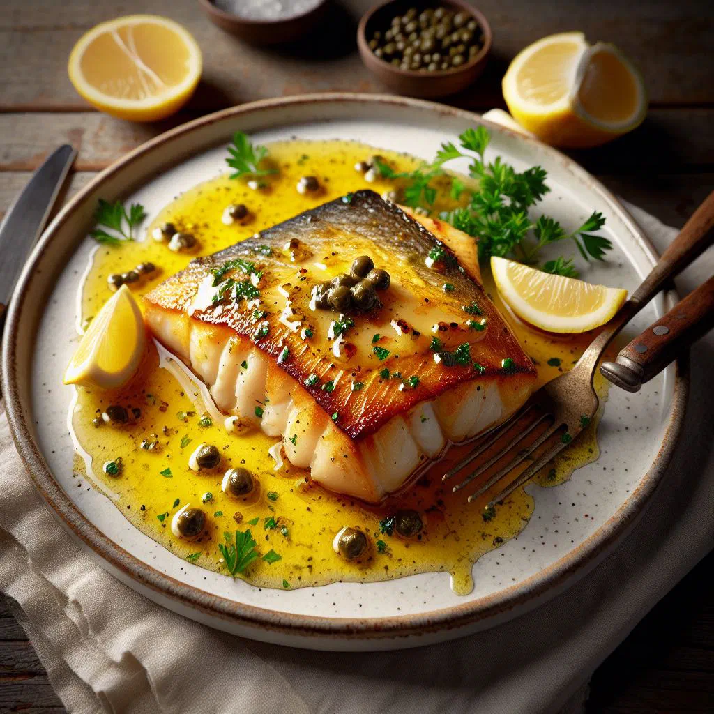 Pan-fried fish fillet in lemon butter sauce with herbs and lemon slices