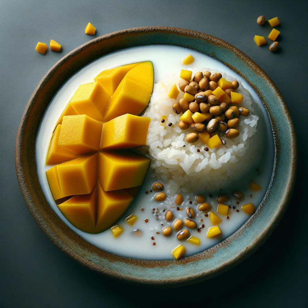 Mango sticky rice with coconut sauce and fresh mango slices on a plate
