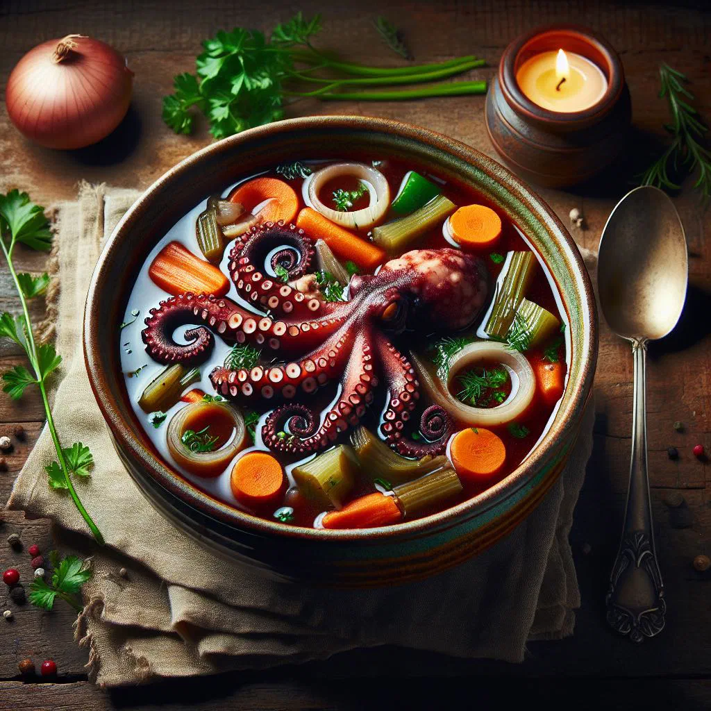 Micronesian octopus stew in coconut broth with peppers and fresh herbs