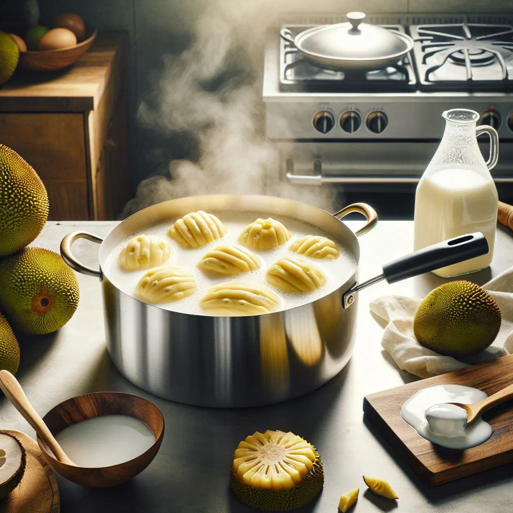 Poached breadfruit pieces in creamy coconut milk, garnished with fresh herbs