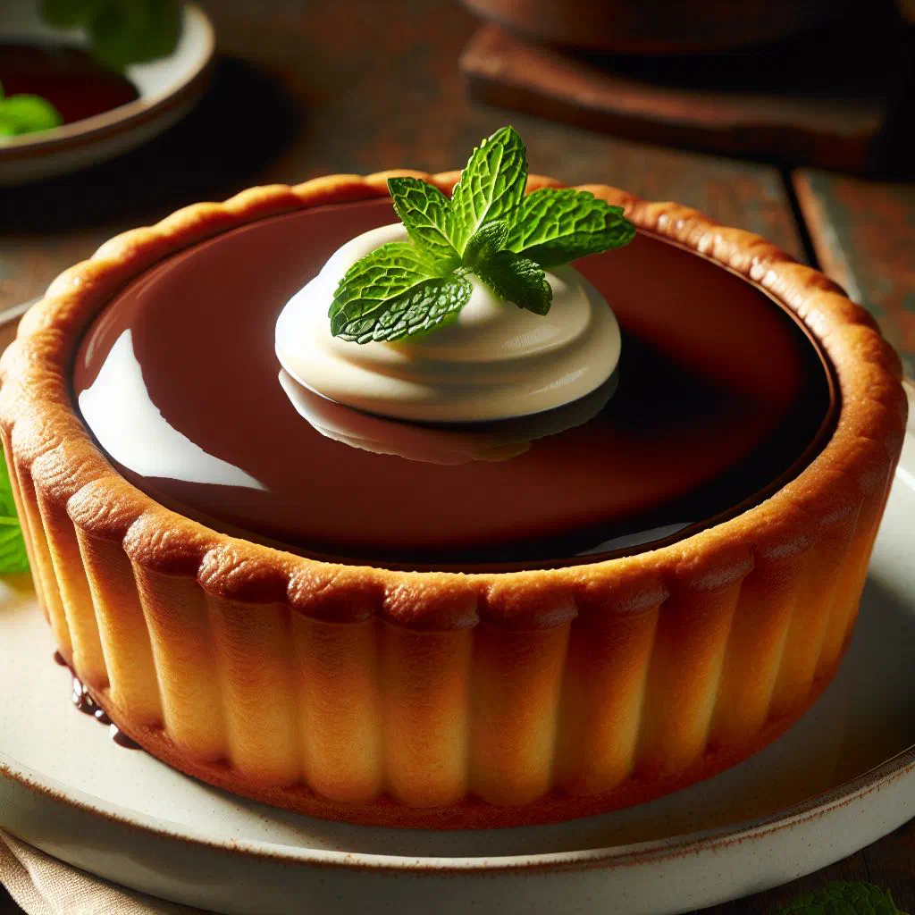 Slice of creamy pudding pie topped with fresh tropical fruit