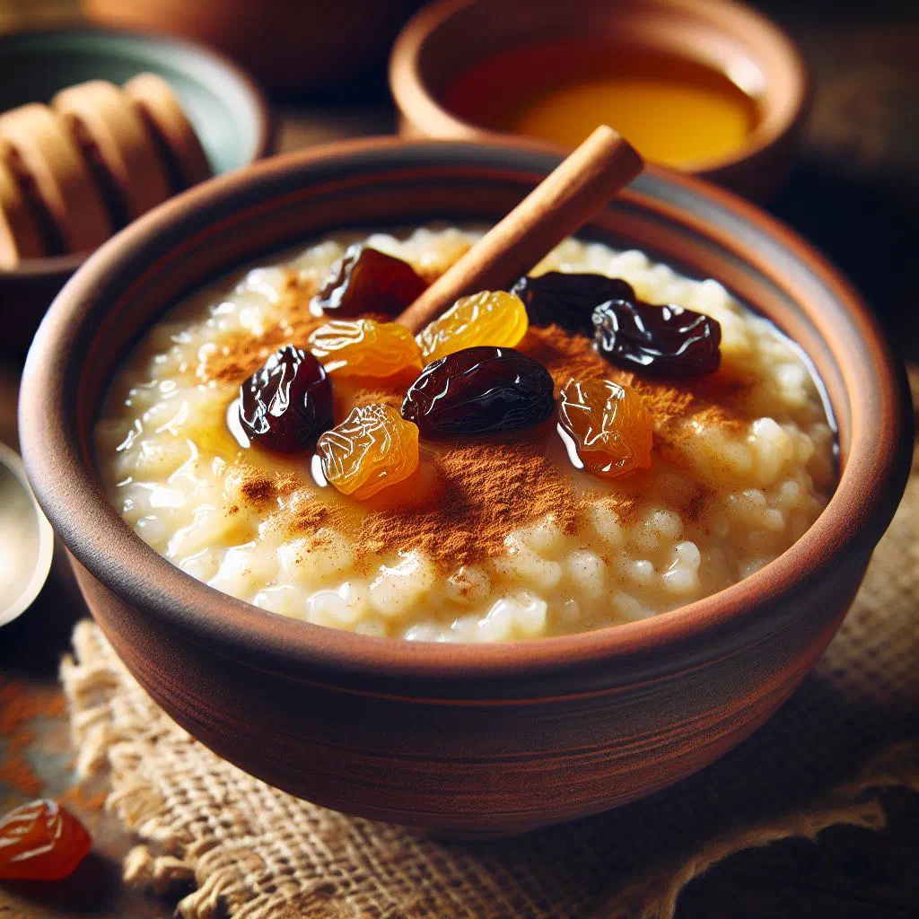 Creamy rice pudding in a bowl topped with fresh mango and banana