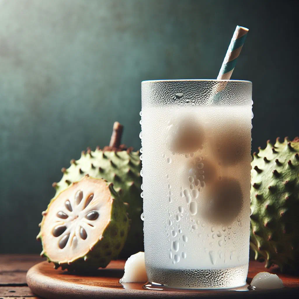Chilled soursop juice in a glass with ice, lime and mint