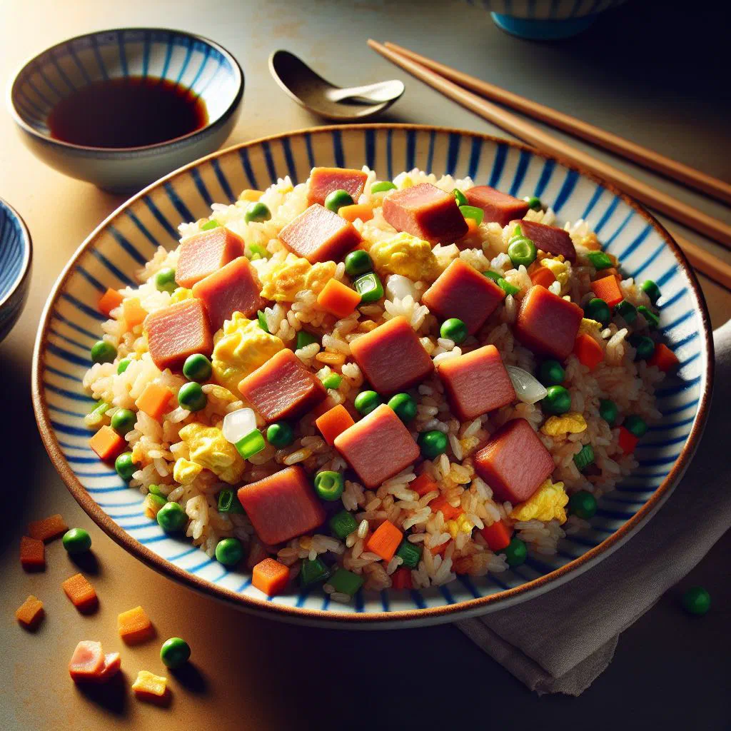 Spam fried rice with vegetables, egg and spring onions in a bowl