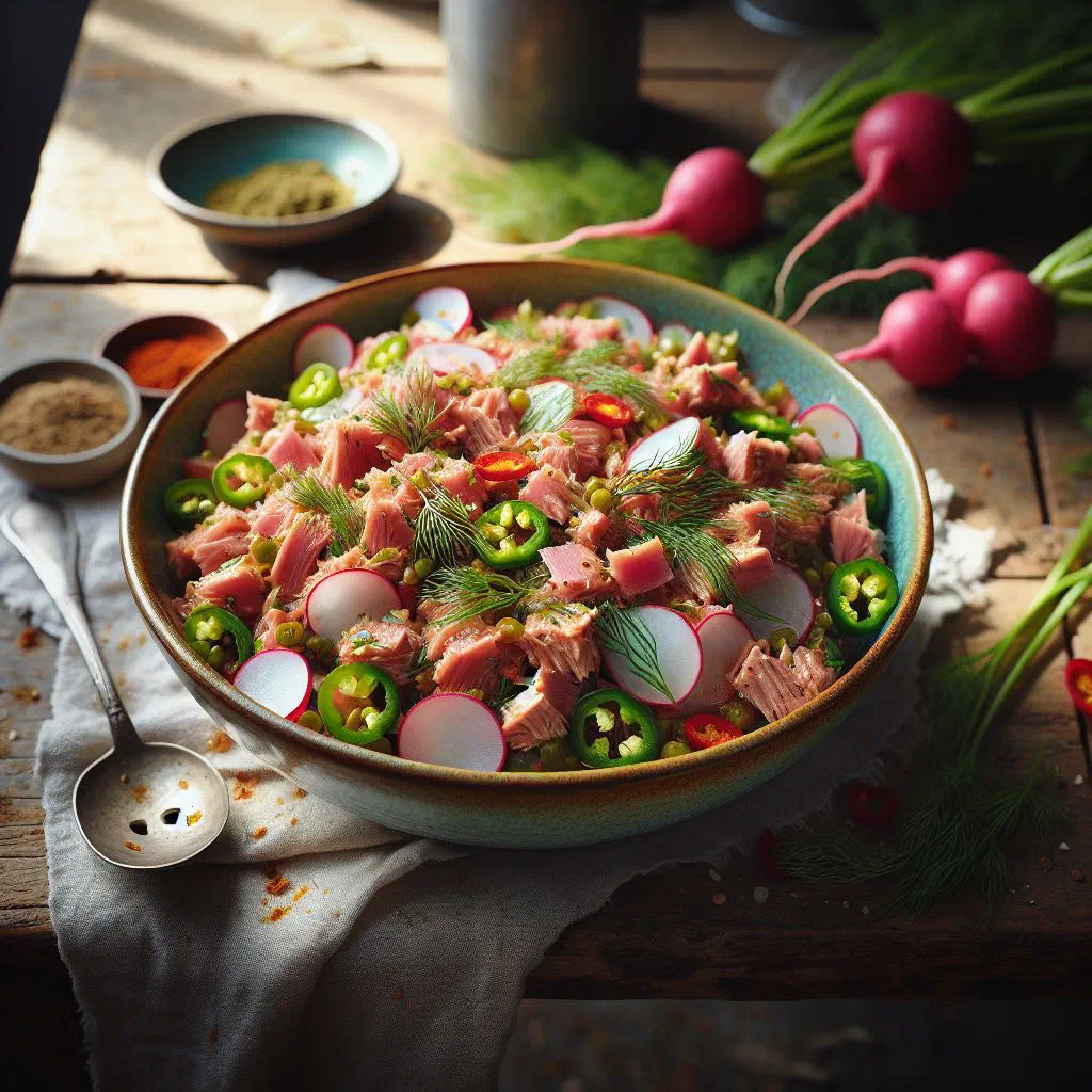Spicy tuna salad with avocado, peppers and fresh coriander in a bowl