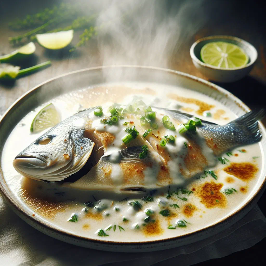 Steamed white fish fillet in creamy coconut sauce garnished with fresh coriander and lime