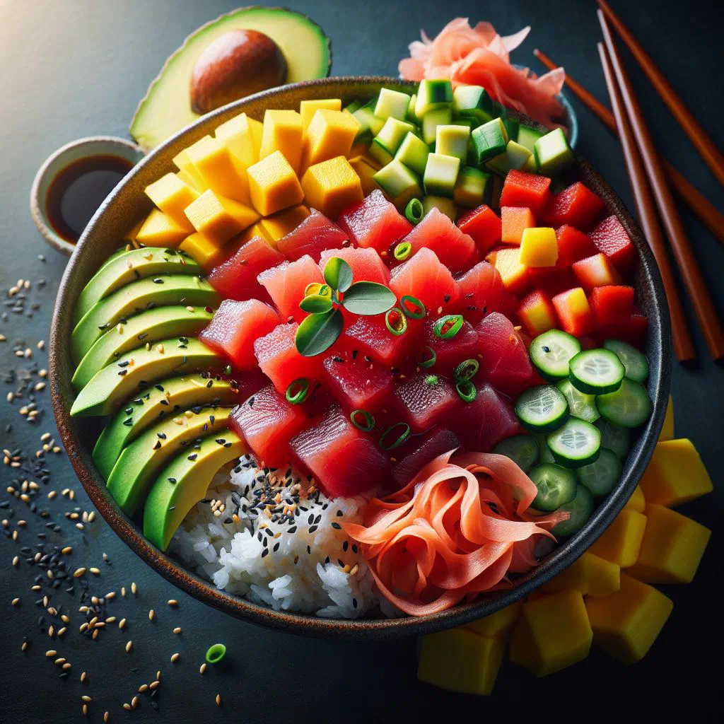 Tuna poke bowl with sushi rice, avocado, cucumber and sesame seeds