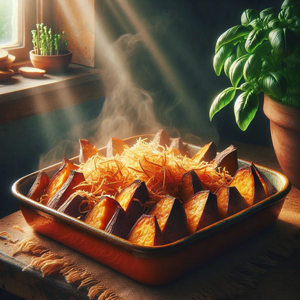 Golden baked yam and coconut bake sliced in a dish