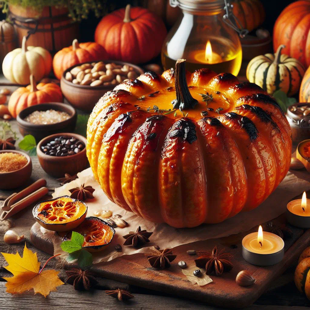 Baked pumpkin halves filled with spiced grains and fresh herbs