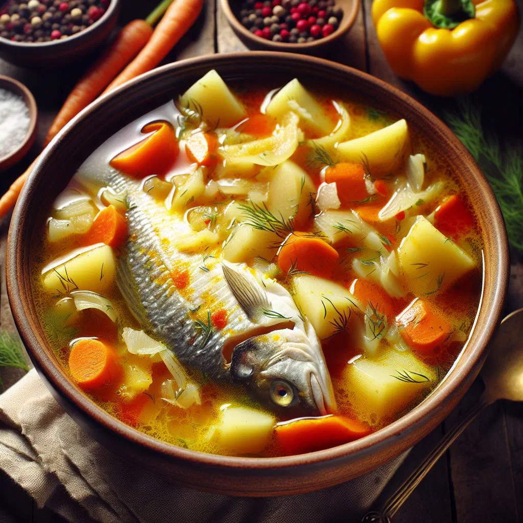 Bowl of Moldovan fish soup with vegetables and fresh dill
