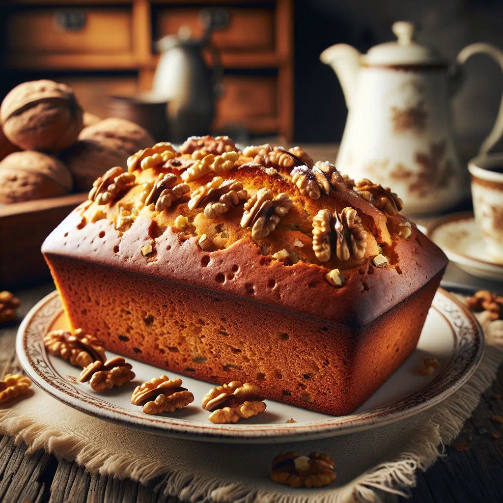 Sliced Moldovan walnut cake dusted with icing sugar on a wooden board