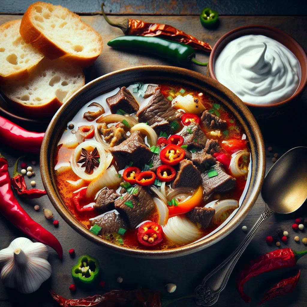 Bowl of creamy Moldovan tripe soup garnished with dill and lemon