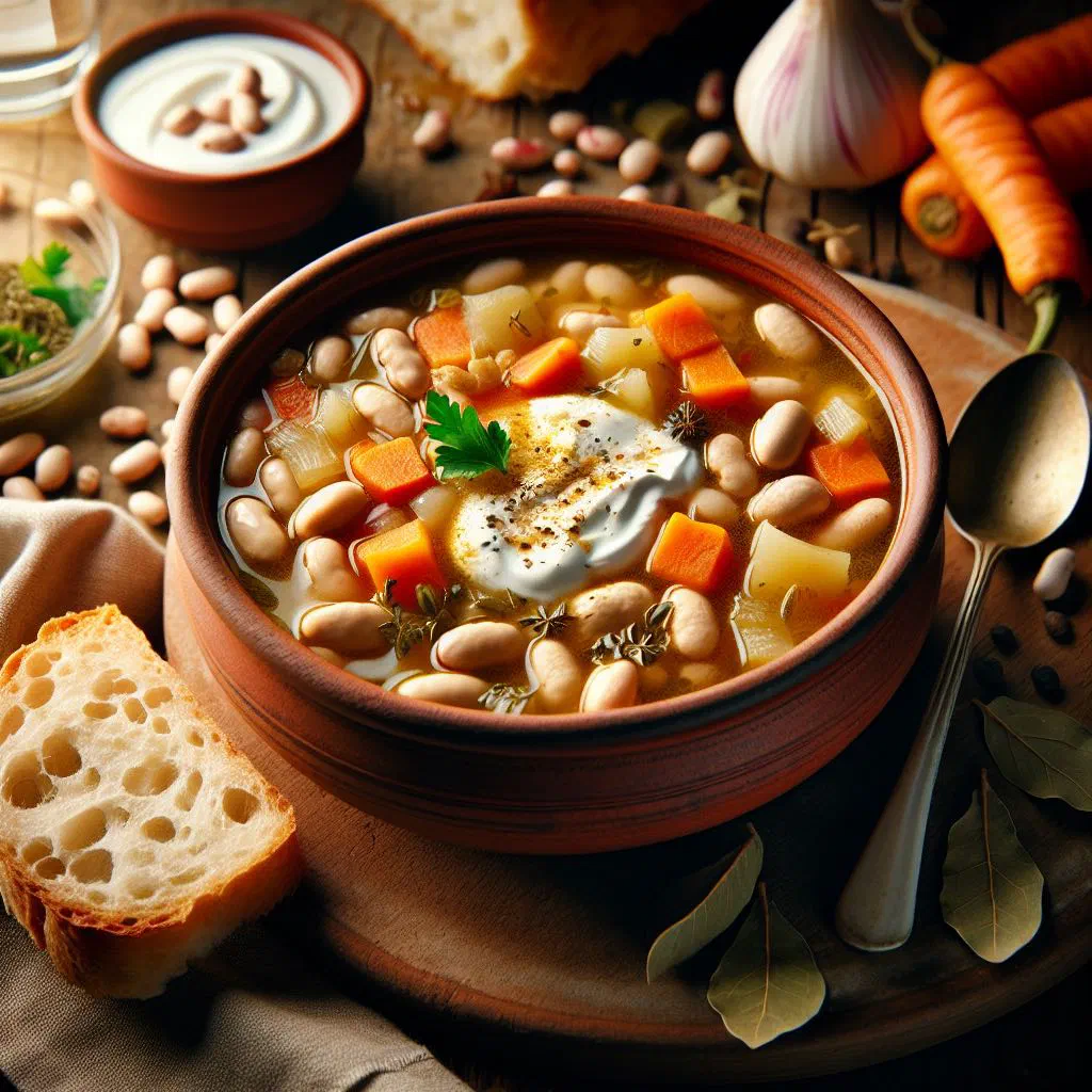 Bowl of Moldovan white bean soup garnished with fresh dill