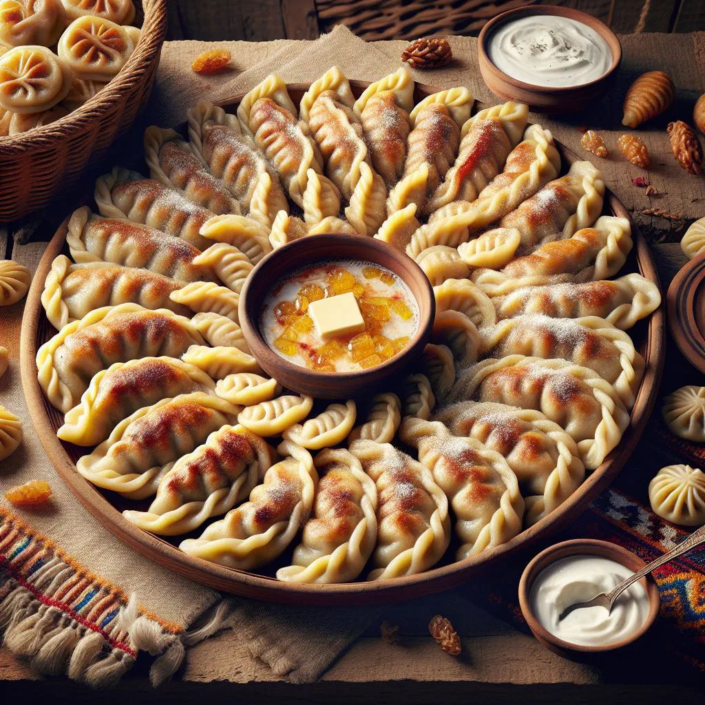 Golden pan-fried colțunași dumplings served with sour cream and fresh herbs