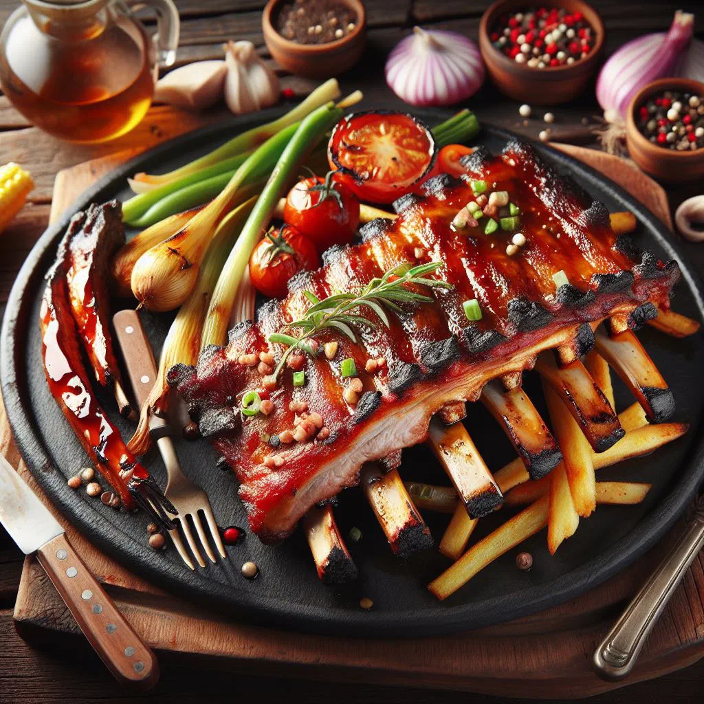 Grilled Moldovan pork ribs with herbs on a wooden board