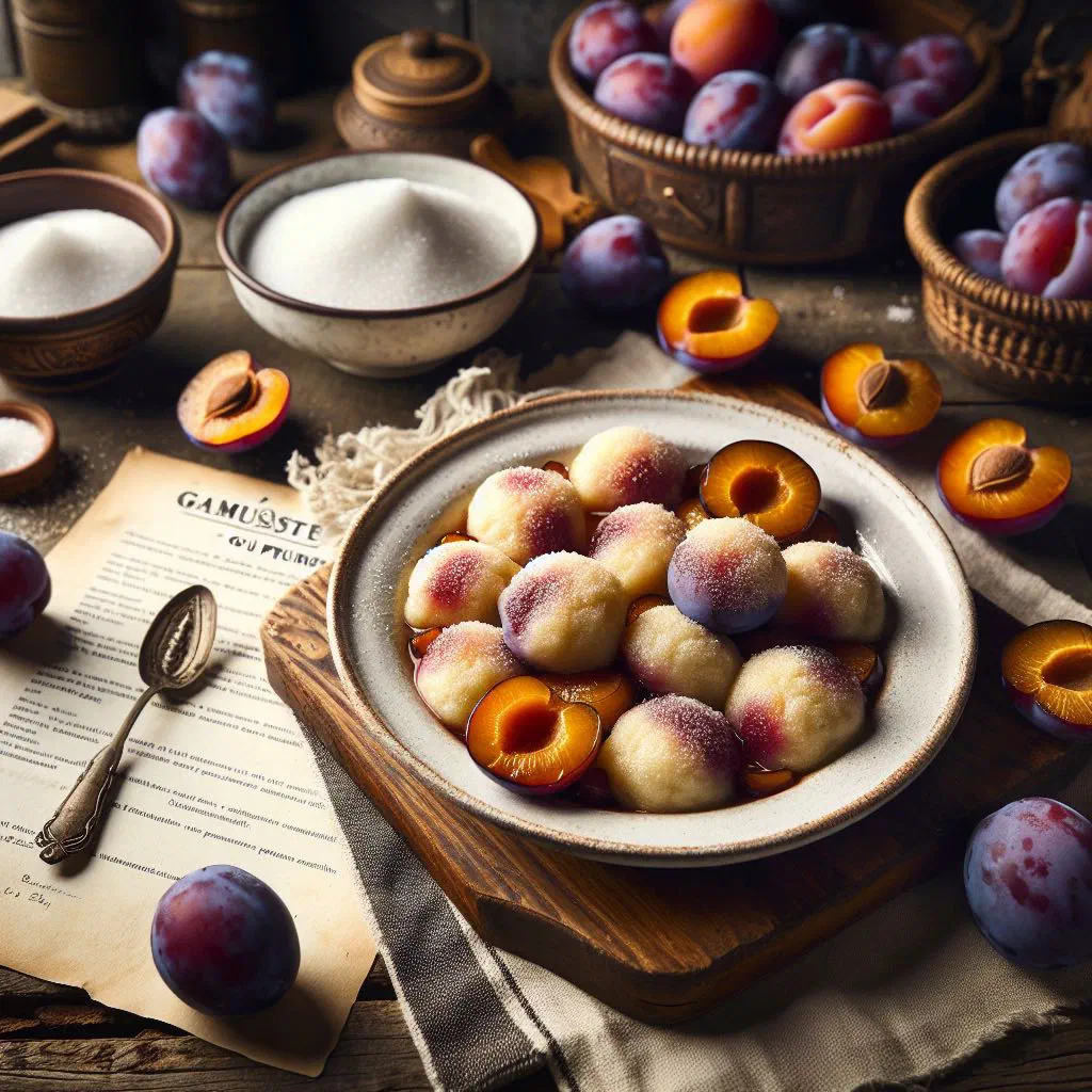Moldovan plum dumplings dusted with sugar and served with melted butter