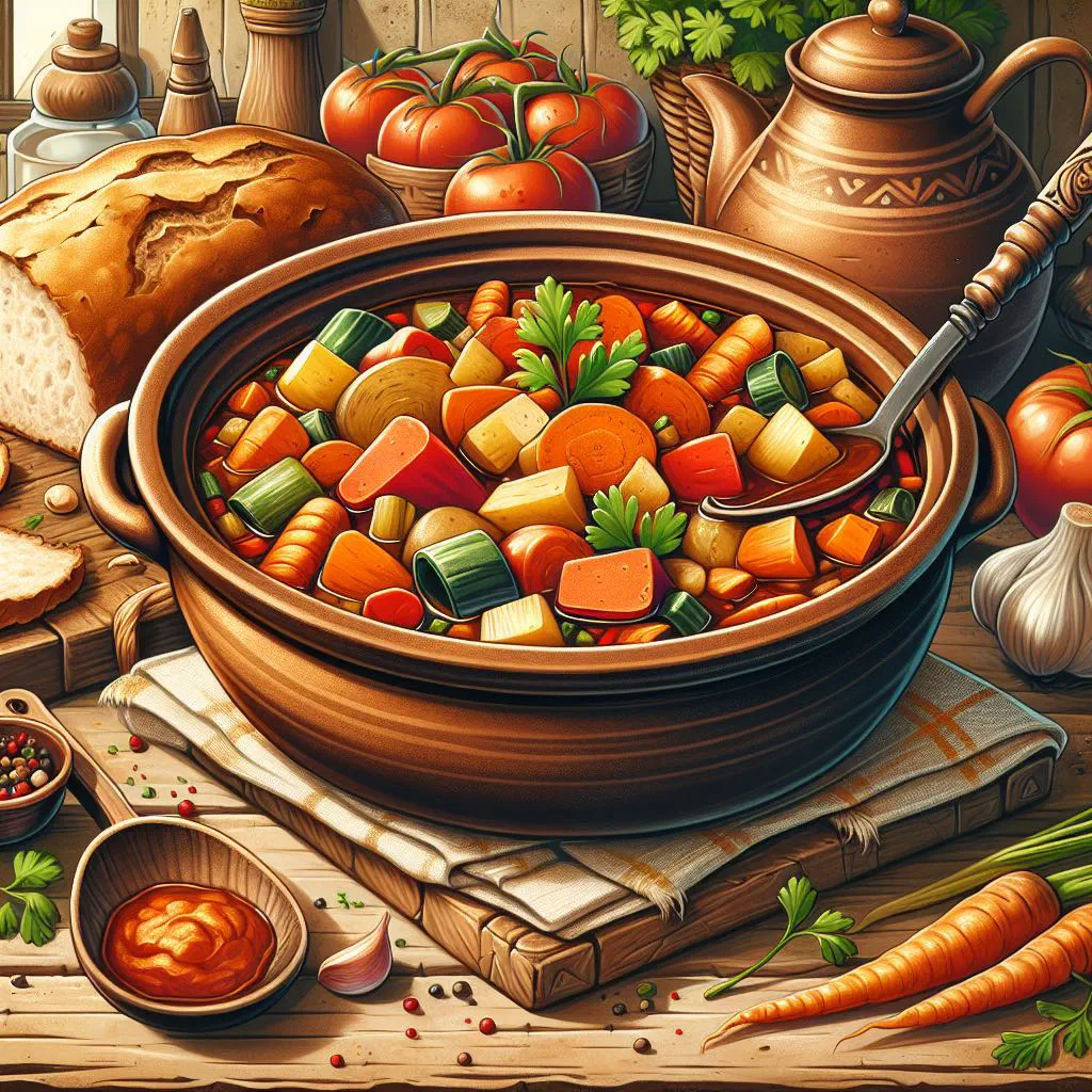 Moldovan vegetable stew with potatoes, carrots, peppers and courgette in a bowl