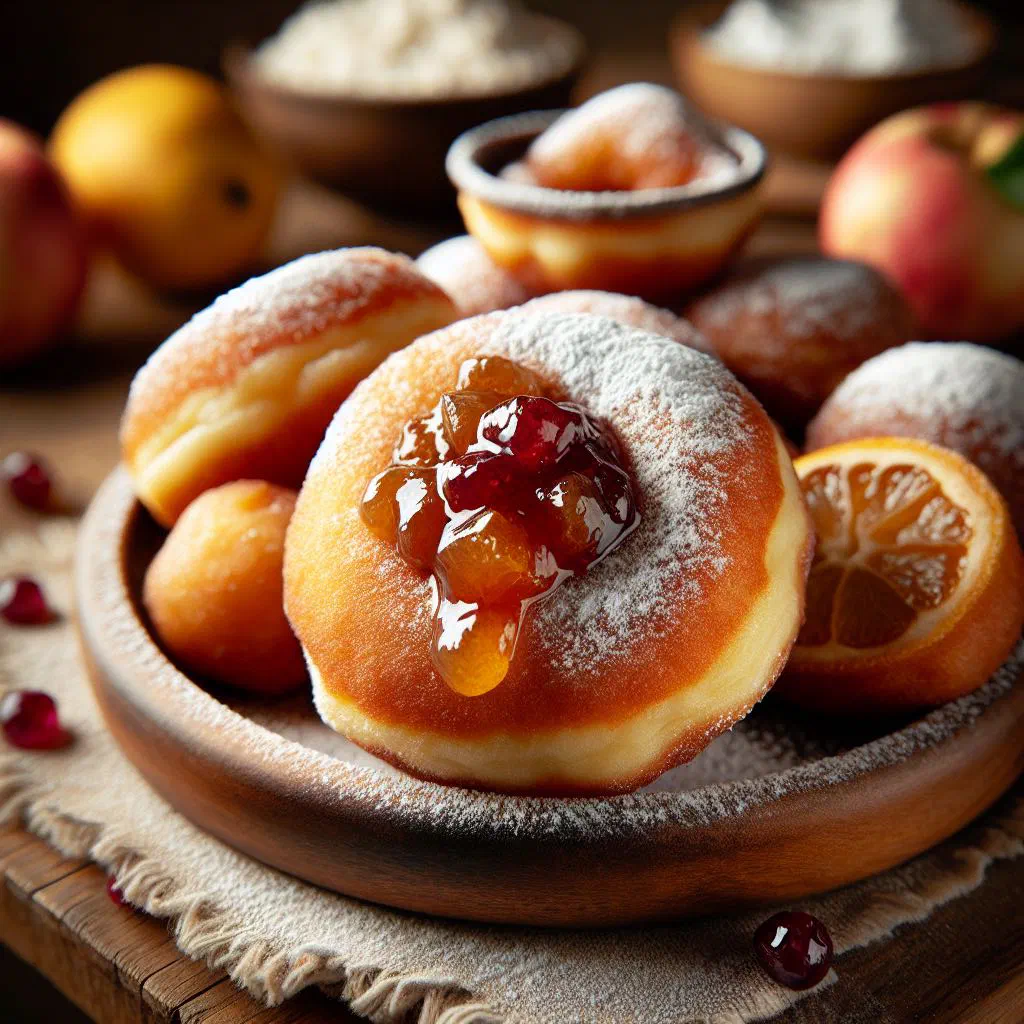 Golden fried gogoși dusted with icing sugar on a plate