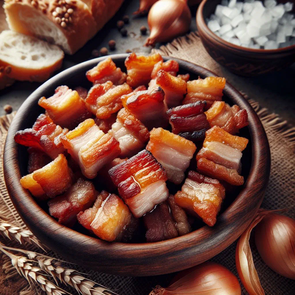 Golden crispy Moldovan jumări pork cracklings piled in a rustic bowl