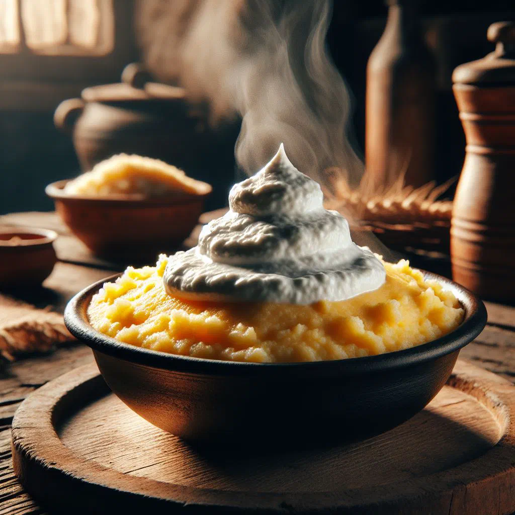 Bowl of golden mămăligă topped with a generous spoonful of soured cream