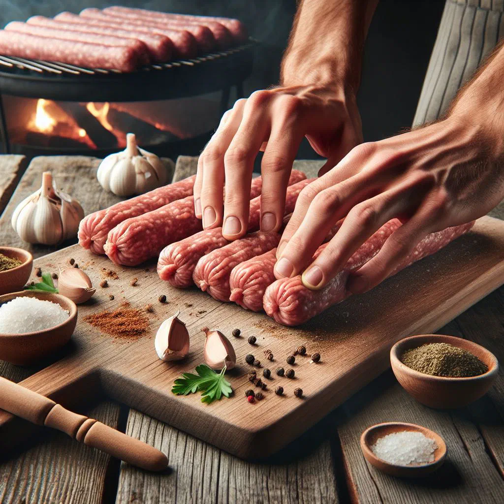Grilled mititei sausages on a wooden board with bread and mustard