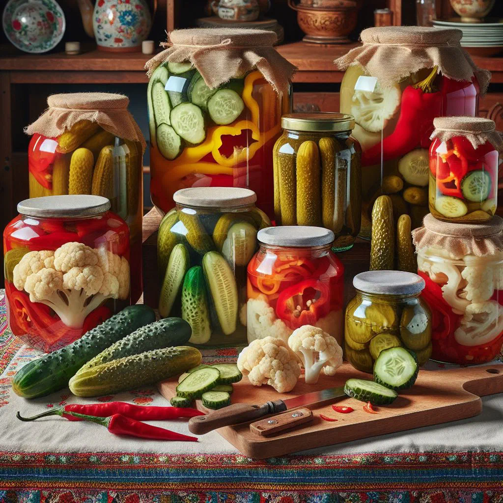 Jars and a platter of Moldovan pickled vegetables with dill and garlic