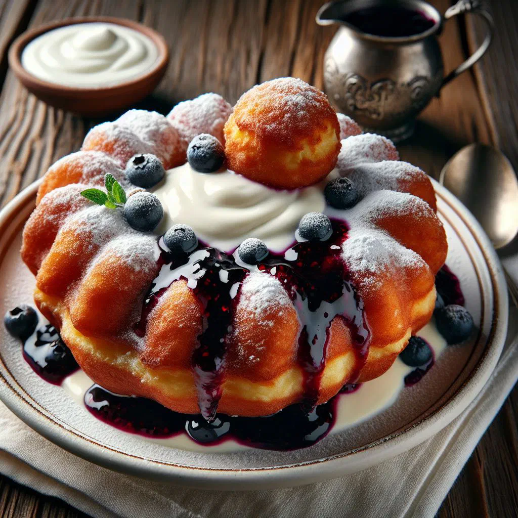 Golden fried papanasi curd cheese doughnuts topped with berry sauce and soured cream