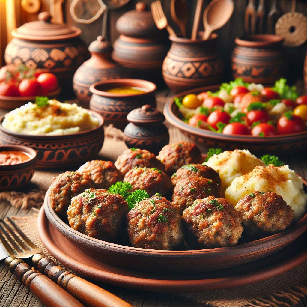 Golden pan-fried Moldovan meatballs on a plate with fresh herbs