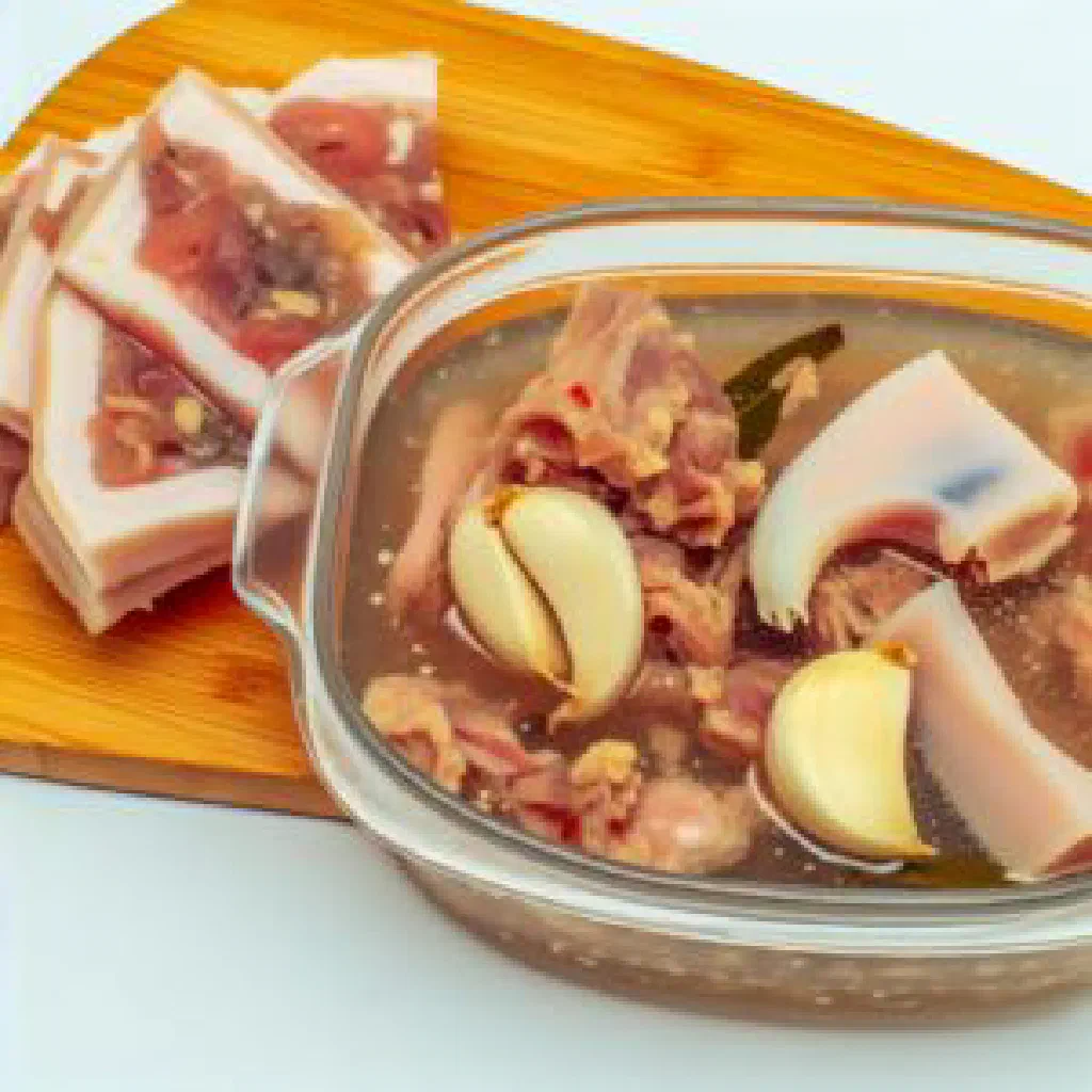 Set pork aspic with carrot slices and fresh herbs on a serving plate