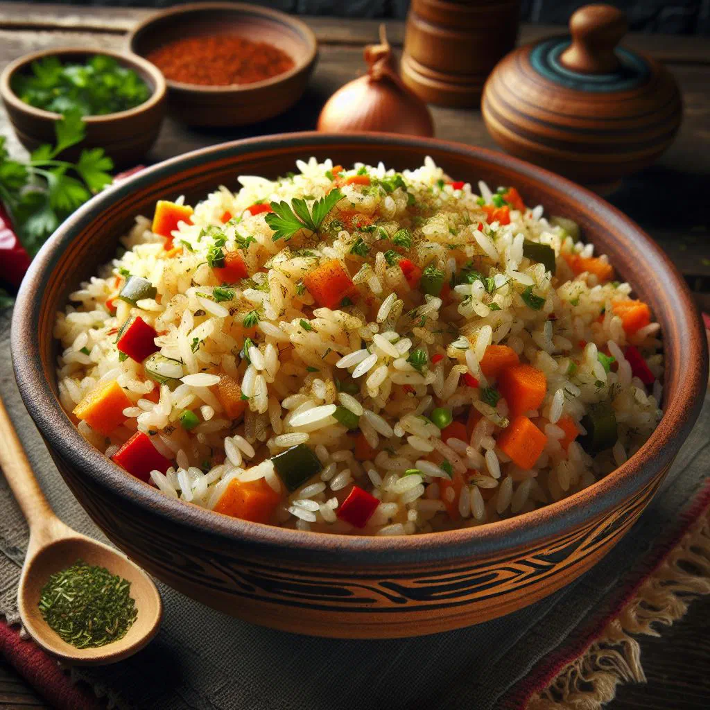 Moldovan rice pilaf with tender meat and fresh herbs in a bowl