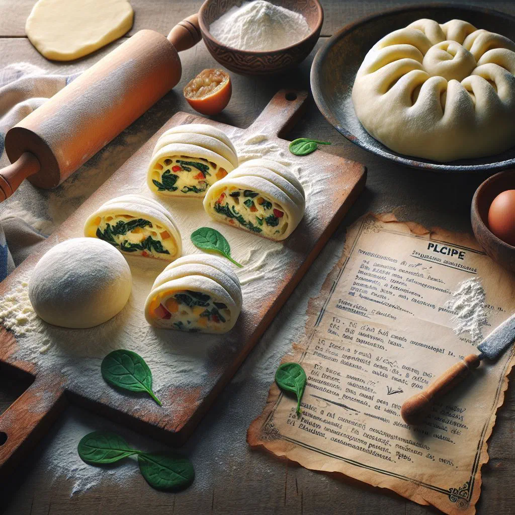 Golden baked Moldovan plăcintă pastries filled with cheese, cut open on a wooden board