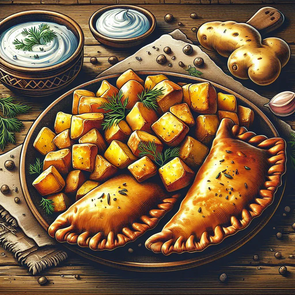 Golden fried Moldovan potato pastries stacked on a wooden board
