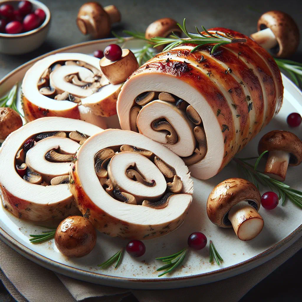 Sliced chicken roulade filled with mushrooms, garnished with fresh parsley