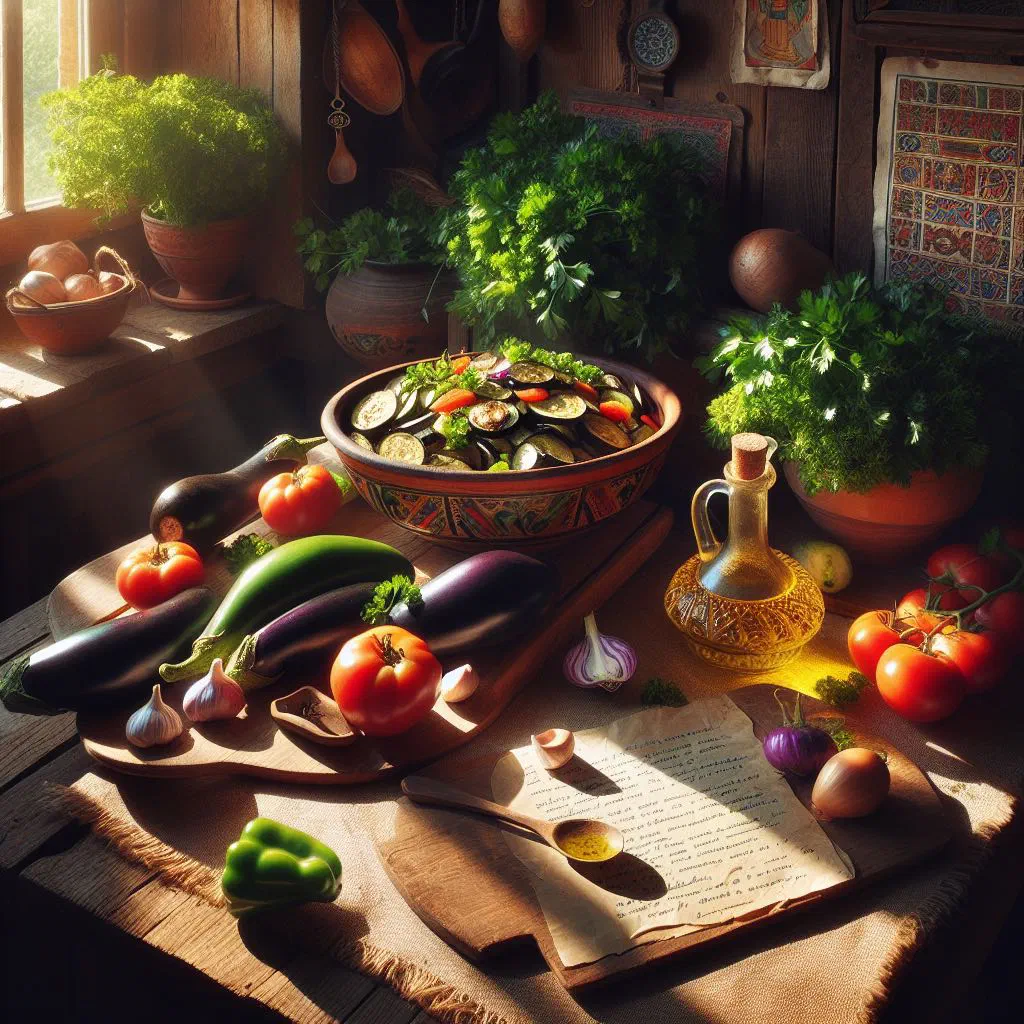Creamy roasted aubergine salad in a bowl with olive oil and bread