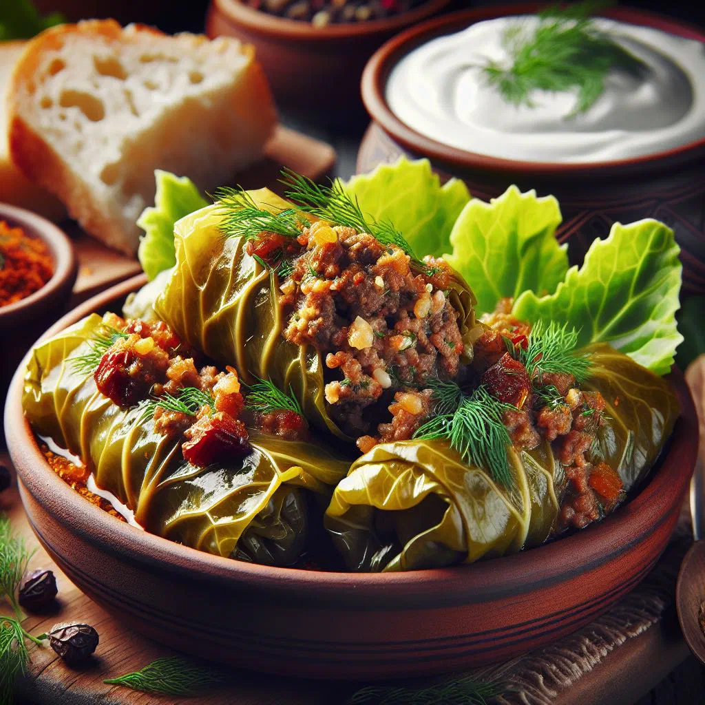 Moldovan cabbage rolls in tomato sauce topped with soured cream and dill