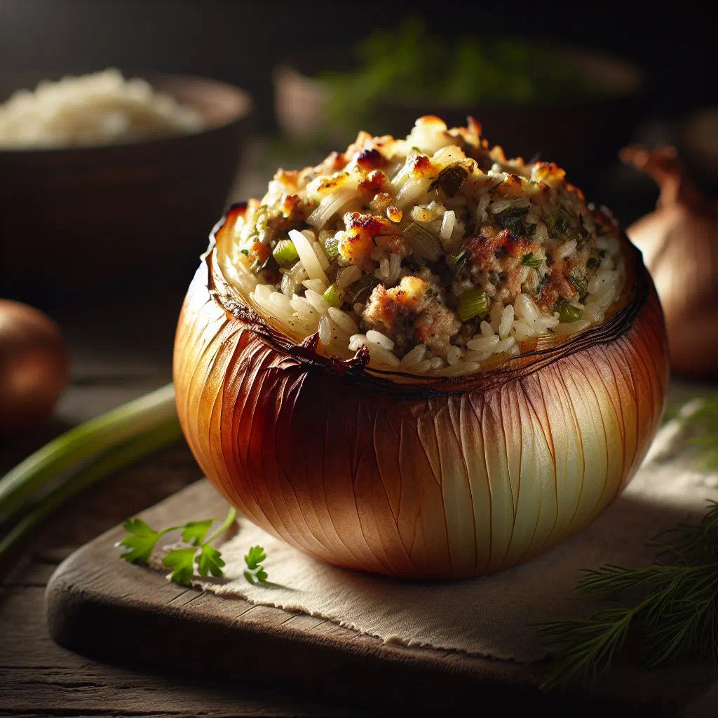 Baked stuffed onions filled with minced meat and rice in a dish