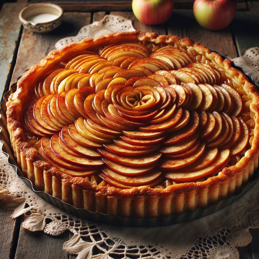 Golden Moldovan apple tart with fanned apple slices and a dusting of icing sugar