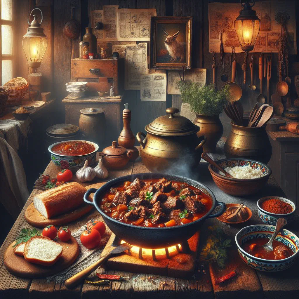 Moldovan beef stew with peppers and fresh parsley served with polenta