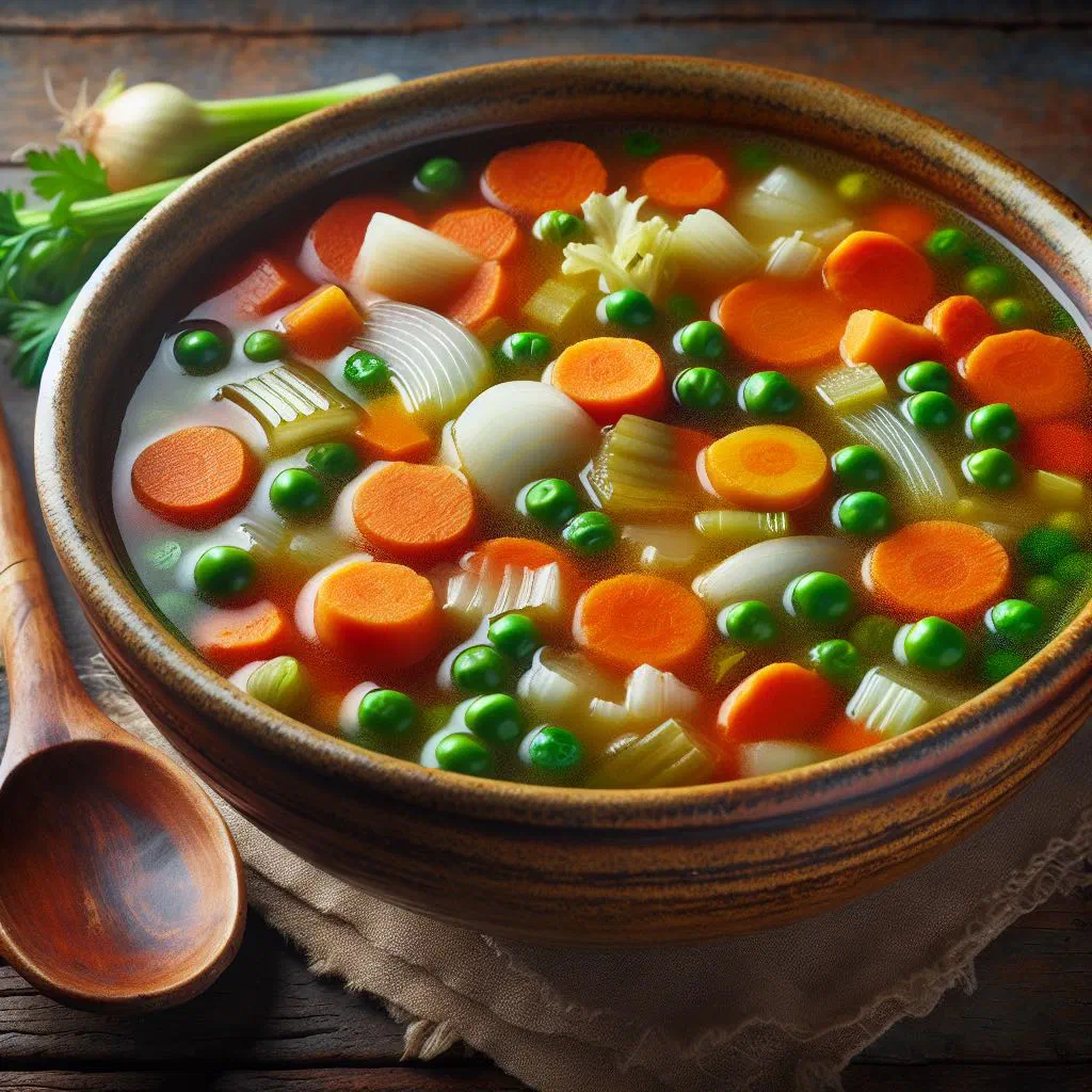 Bowl of Moldovan vegetable soup with carrots, potatoes and fresh herbs