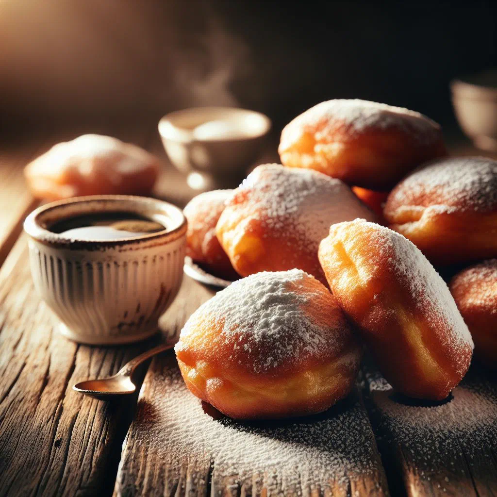 Golden fried beignets dusted with icing sugar on a plate