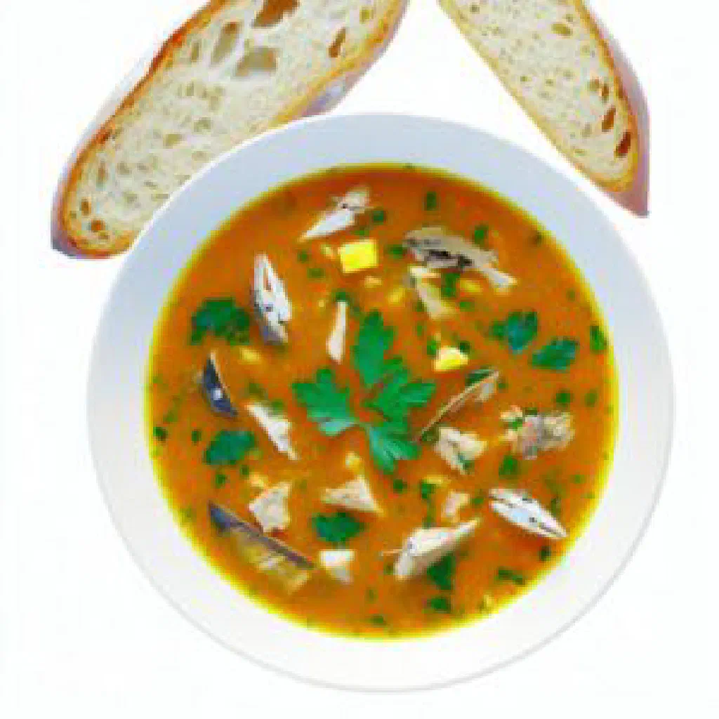 Monegasque bouillabaisse with fish and prawns in a saffron broth, served with bread