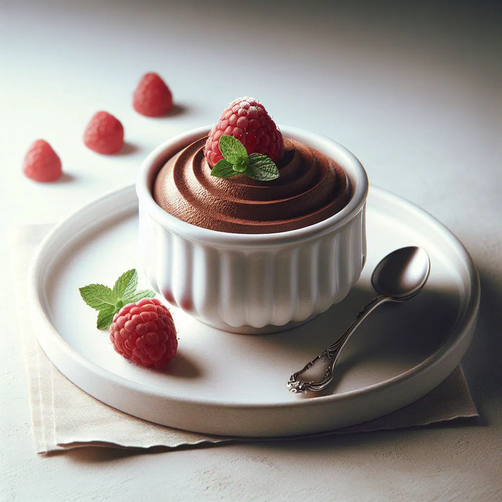 Chocolate mousse served in a glass with cream and fresh berries