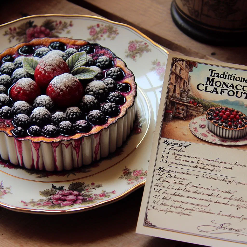 Golden baked cherry clafoutis dusted with icing sugar in a baking dish