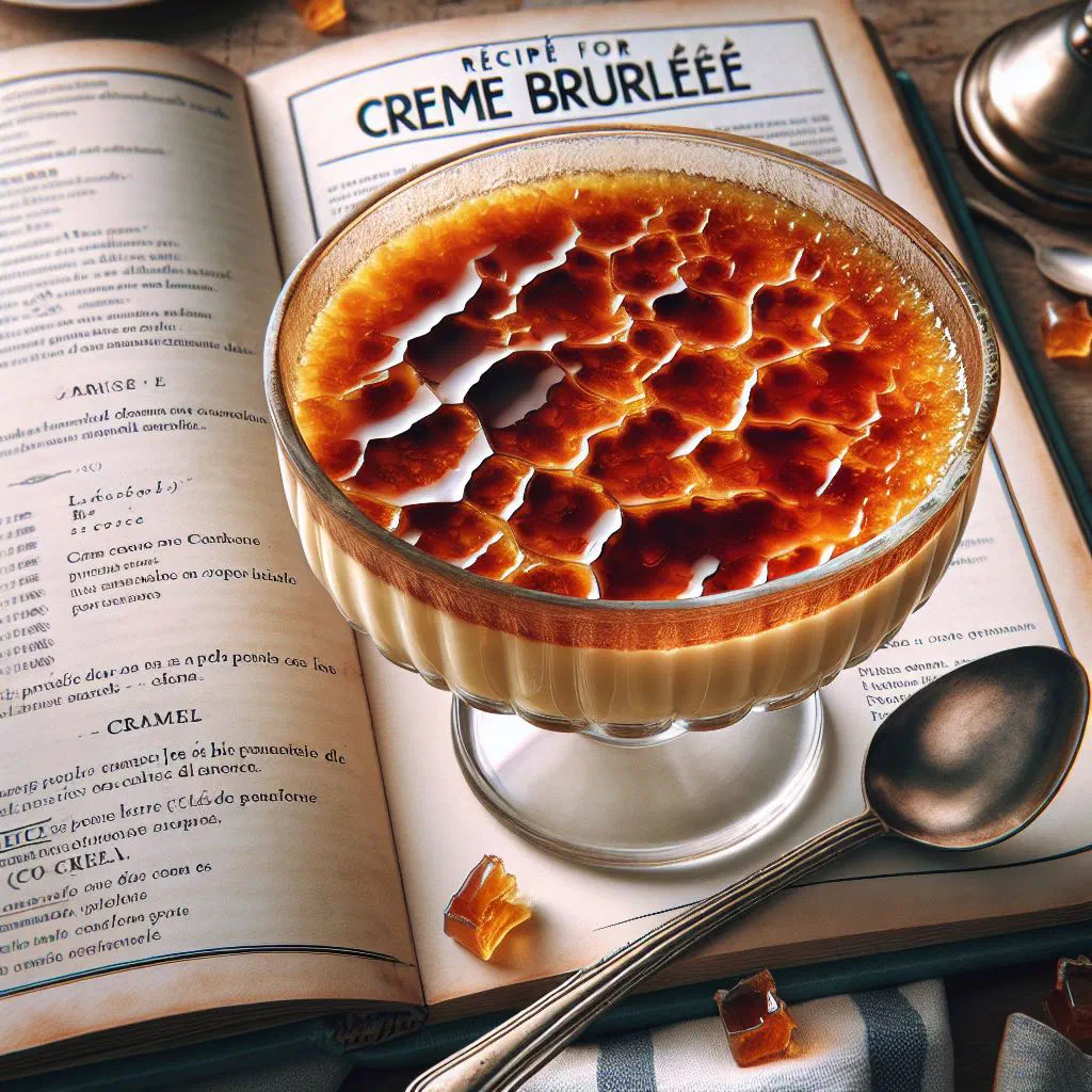 Crème brûlée in a ramekin with a cracked golden caramel top