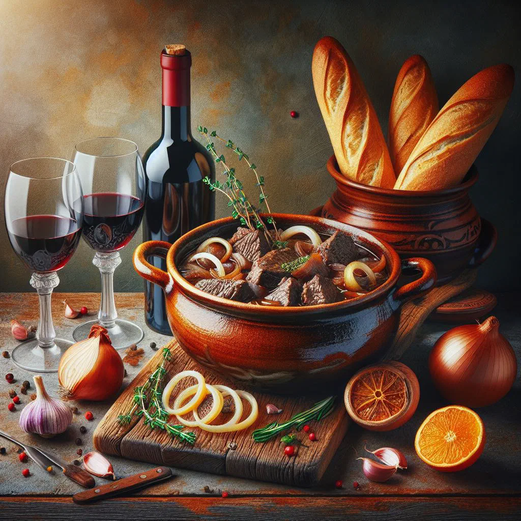 Slow-braised beef daube with carrots and herbs in a rustic pot