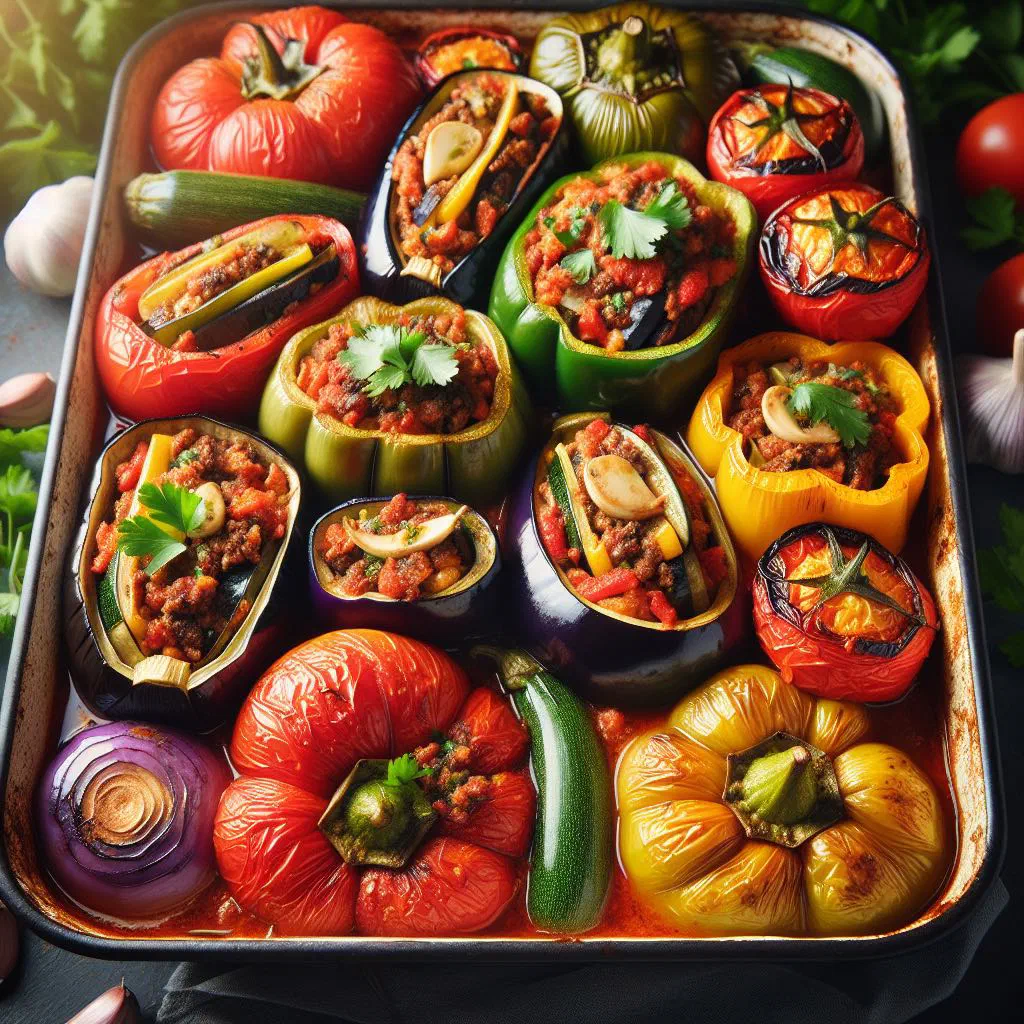 Baked stuffed courgettes, peppers and tomatoes in a roasting dish